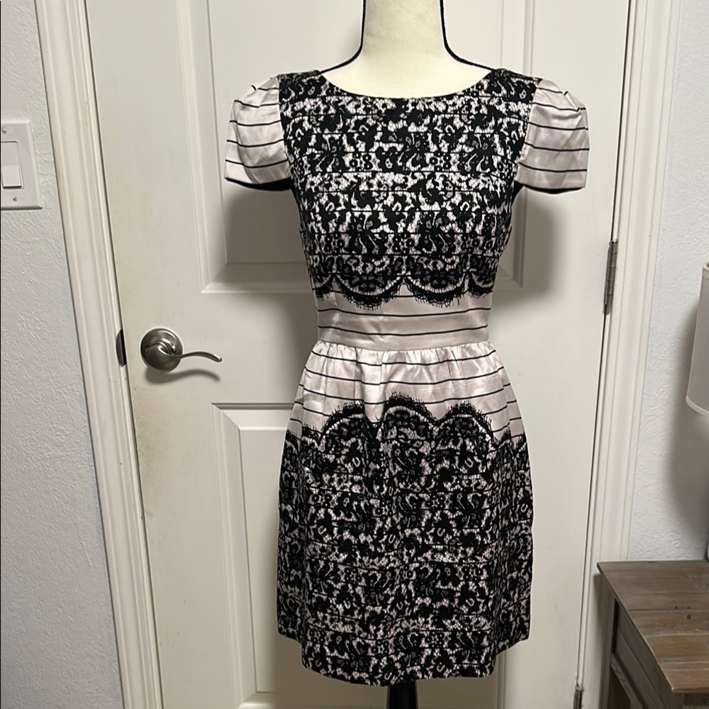 Tibi Black and White Sheath Dress with Puff Cap Sleeves